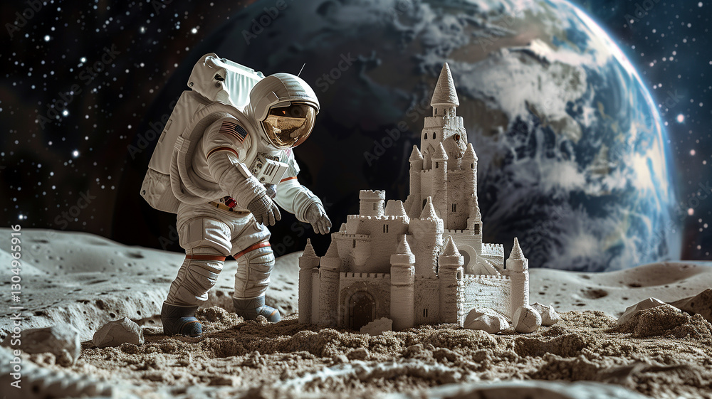 Poster this astronaut constructs a sandcastle on the moon, with earth visible in the background.