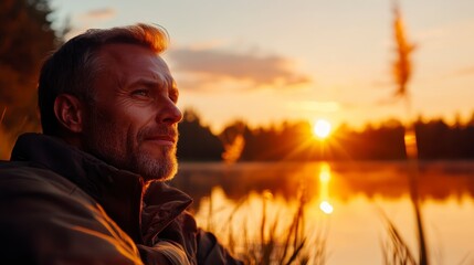 Man fishing at serene lake during sunset, capturing the essence of tranquility and leisure in nature's embrace.