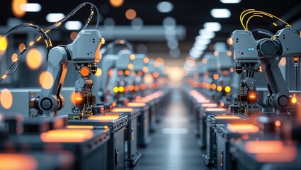 Robotic arms assembling electronic components in a modern manufacturing facility during daytime