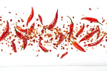 Red chili peppers and flakes scattered on white.
