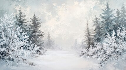 Obraz premium Frozen valley with snow-covered pines and shimmering ice-covered leaves in the morning light