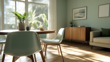 Sunny living room, dining area, plants, calm