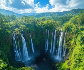 Naklejka premium Majestic Waterfall Surrounded by Lush Greenery and Vibrant Blue Sky in a Tropical Paradise Setting