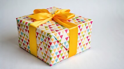 Gift Box with Yellow Ribbon on White Background