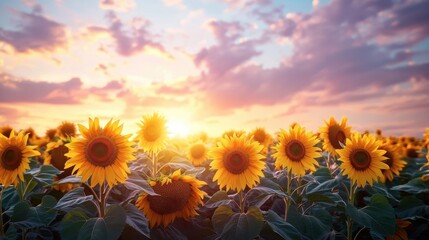Fototapeta premium Vast sunflower field glowing at dusk soft lilac and pink sky with golden petals glowing
