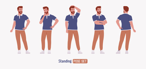 Man, bearded handsome guy casual sporty wear standing pose set. Stylish athletic sportswear polo, jogs for exercise, modern active life, fit adult city activity. Vector flat style cartoon illustration