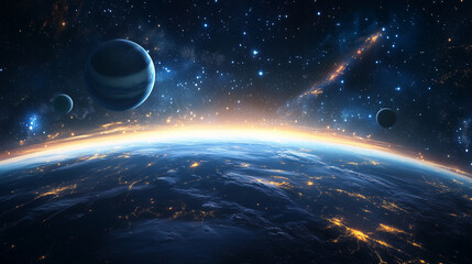Fototapeta premium View of Earth from Space with Distant Planets and Nebulae