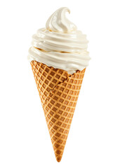 "Photorealistic Vanilla Ice Cream Cone – Creamy Soft Serve in Golden Brown Waffle Cone on Transparent Background"