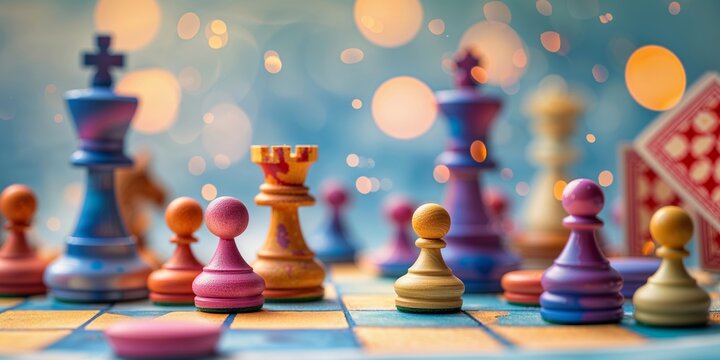 Vibrant chess pieces on a colorful board capture the joy of strategic gameplay against a dreamy bokeh background