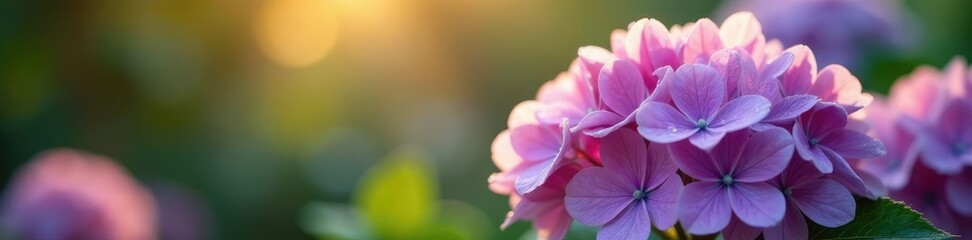 Soft pink purple petals of hydrangea bloom in morning dew, garden flowers, hydrangea blooms