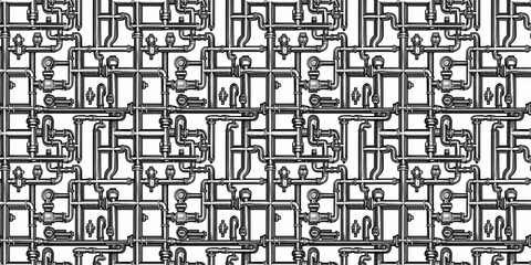 Seamless plumbing tile pattern with various pipes and fittings designed for backgrounds and textures. Pattern Plumbing