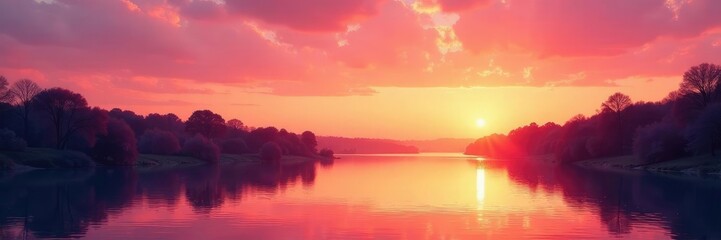Fototapeta premium Soft pink sky with orange hues over the river, golden hour, sunset, river