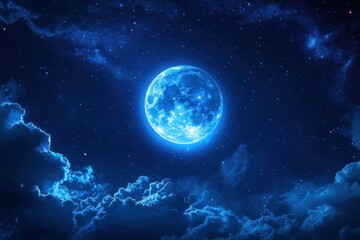 Obraz premium Ethereal moonscape with glowing orb illuminating celestial clouds and a vast expanse of starry night sky in serene blue hues