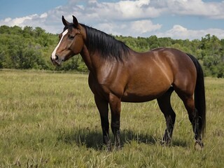 Beautiful Brown Stallion Grazing in Sunny Pasture - Equestrian Sports and Training in Natural Habitat" 