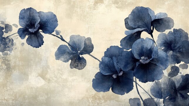 Romantic wallpaper with arching iris stems on a faded parchment-toned background