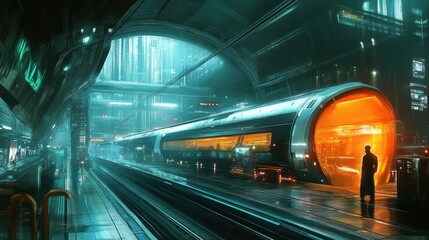 Fototapeta premium Futuristic Train Station: A Cyberpunk Vision