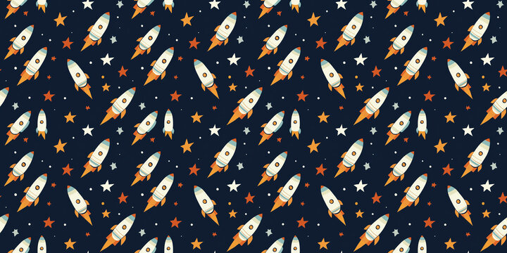 Colorful rocket pattern with stars creating a vibrant seamless background design. Pattern Rocket