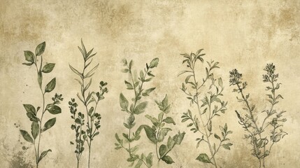 Botanical sketches of medieval herbs on a weathered manuscript with ink splatters