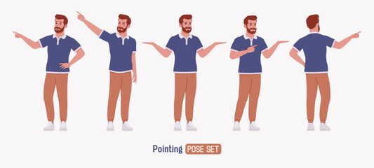 Man, bearded handsome guy casual sporty wear, pointing pose set. Stylish athletic sportswear polo, jogs for exercise, modern active life, fit city activity. Vector flat style cartoon illustration