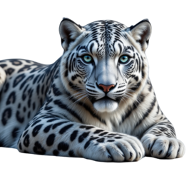 Lying White Snow Leopard with Black Markings and Blue Eyes, Transparent Background