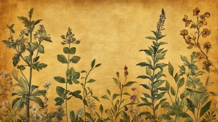 Intricate herbal illustrations in earthy greens and amber parchment