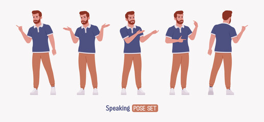 Man, bearded handsome guy casual sporty wear, speaking pose set. Stylish athletic sportswear polo, jogs for exercise, modern active life, fit city activity. Vector flat style cartoon illustration