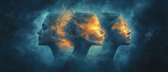 Twin souls, cosmic flames, nebula backdrop, spiritual concept art
