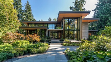 Fototapeta premium Geometric Contemporary Mansion with Sunlit Garden