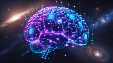 Obraz premium Futuristic Puzzle in Deep Space Forming Digital Brain with Glowing Neon AI-Inspired Pieces, Quantum Computing, Neural Networks, Holographic Light, and Distant Galaxies in 8K Sci-Fi Realism
