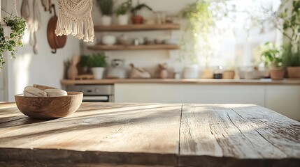 A distressed farmhouse-style wooden table, background featuring a softly blurred bohemian-style kitchen with macrame plant hangers, wooden bowls, and soft beige tones,