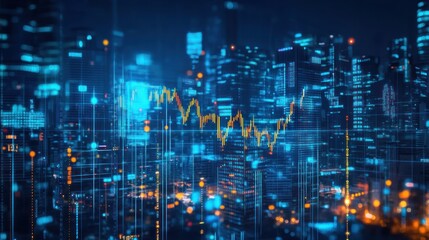 Obraz premium Futuristic city with financial data overlay, possible stock photo use