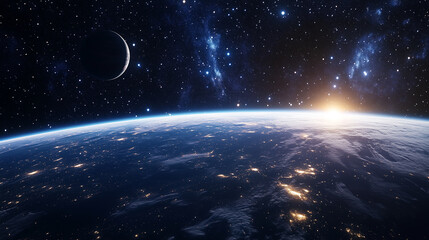 Obraz premium Earth and Moon in Deep Space with a Distant Galaxy