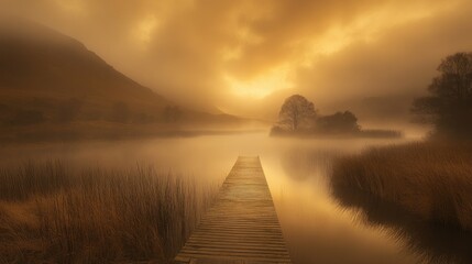 Fototapeta premium A tranquil wooden pier stretches over misty waters under a golden, mood-enhancing sky at sunrise