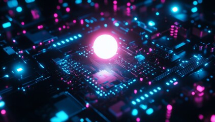 Neon Circuit Board with Central Light Sphere