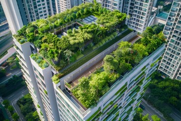 Lush Rooftop Garden on Modern Skyscraper Showcasing Urban Greenery and Sustainability