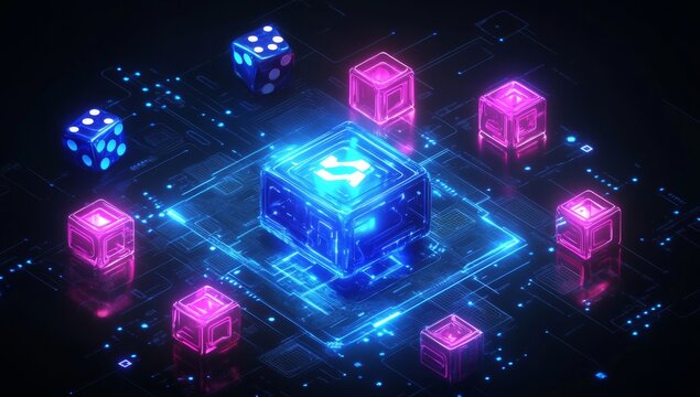 Cyberpunk Dice Cubes on Circuit Board