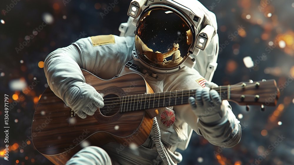 Poster this astronaut strums a guitar while floating in zero gravity, surrounded by a stunning cosmic space
