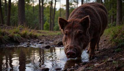 Wild boar drinking from creek in tranquil forest at dusk, nature's serenity