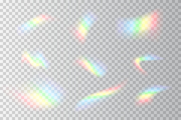 A collection of delicate rainbow flares with soft edges and a blurred glow effect. These colorful reflections mimic light passing through a prism, producing a gentle and magical ambiance.