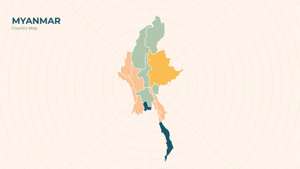 Map of Myanmar isolated modern colorful State. Use for Website Layouts, Background, Education, Customizable, Travel Worldwide, Silhouette Backdrop, Earth Geography, Political.