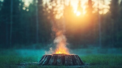 Campfire gathering forest clearing outdoor sunset scenery warm community connection