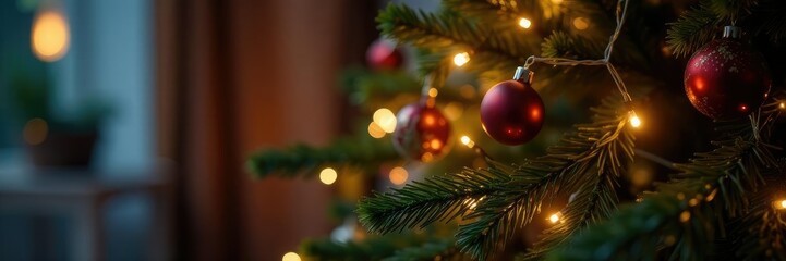Twinkling string lights on a festive christmas tree, festive decorations, soft glow, string lights