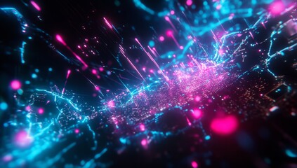 Neon particles explode across a digital world map
