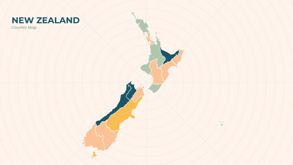 Map of New Zealand isolated modern colorful State. Use for Website Layouts, Background, Education, Customizable, Travel Worldwide, Silhouette Backdrop, Earth Geography, Political.