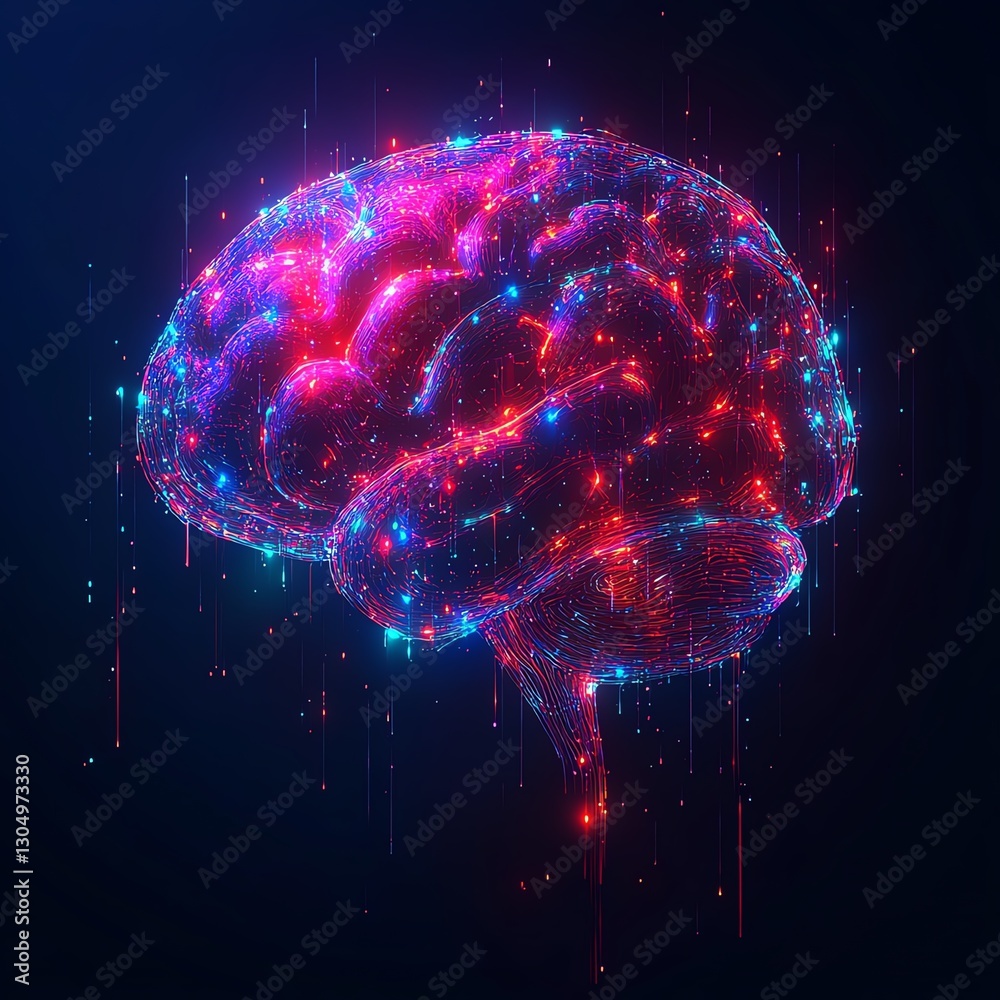 Poster neon abstract digital brain with advanced artificial intelligence, glowing neural networks, futurist