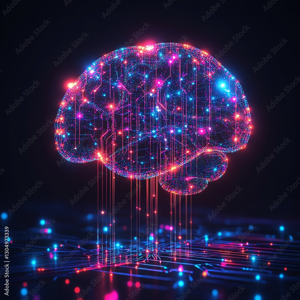 Poster Neon abstract digital brain with advanced artificial intelligence, glowing neural networks, futuristic technology design, AI concept, vibrant digital aesthetic