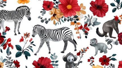 Naklejka premium Zebra, Koala, Flowers Pattern
