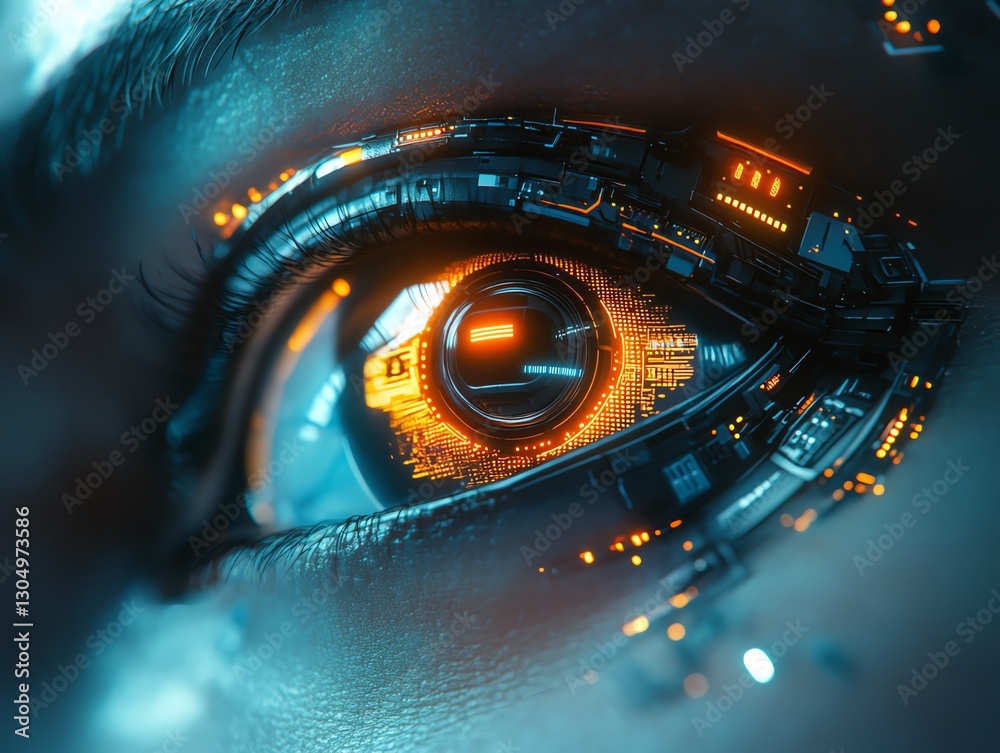 Poster robot eye with glowing illumination, futuristic technology, digital circuits, metallic surface, high