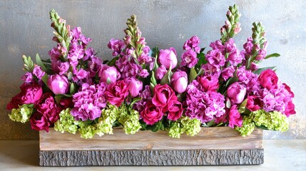 Fototapeta premium Captivating Spring Bouquet of Vibrant Flowers in Wood Planter