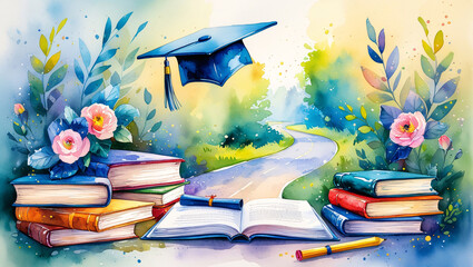Dreamy Watercolor Graduation Artwork Featuring Books, Diploma, Cap, and Open Road, Soft Pastel Color Palette, Motivational Academic Theme, Hand-Painted Artistic Illustration
